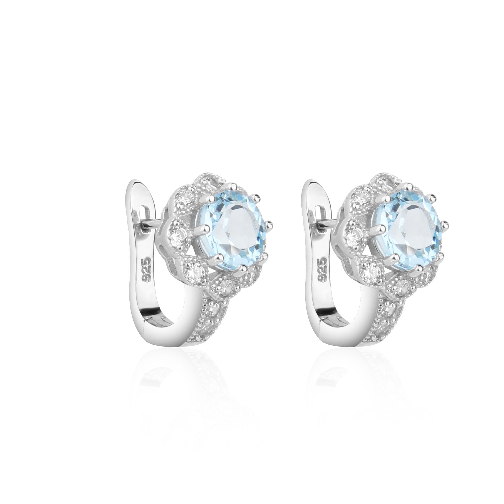 Natural Gemstone Soleste Halo Round Cut Flower Shape Silver Studs Earrings for Women