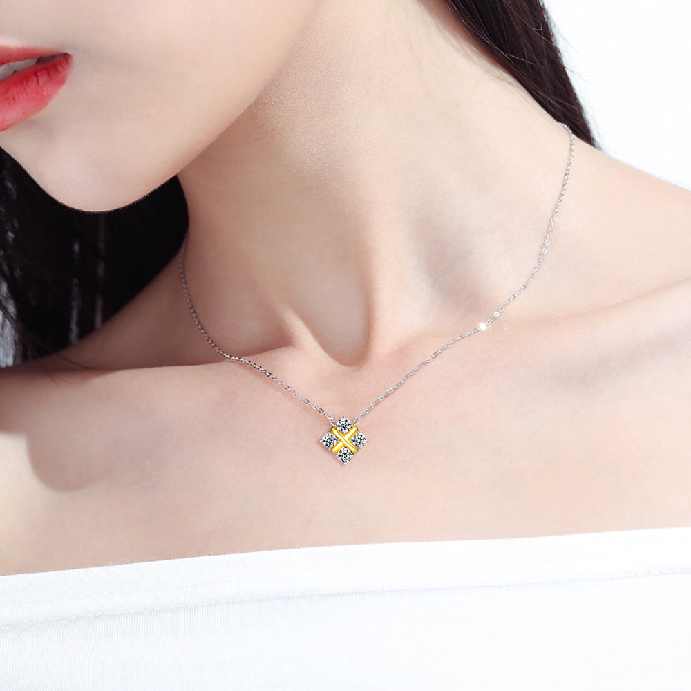 X-shaped Square with Round Zircon Pendant Silver Necklace for Women