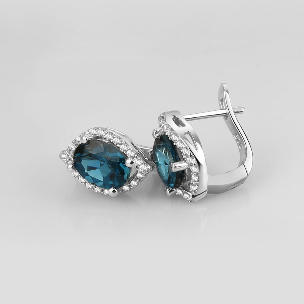 European Luxurious Natural Topaz Oval Shape Silver Studs Earrings for Women