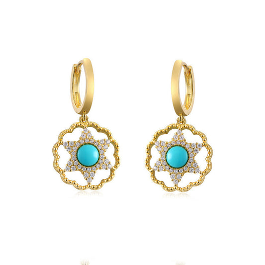 Turquoise Zircon Hexagonal Star Hollow Silver Hoop Earrings for Women