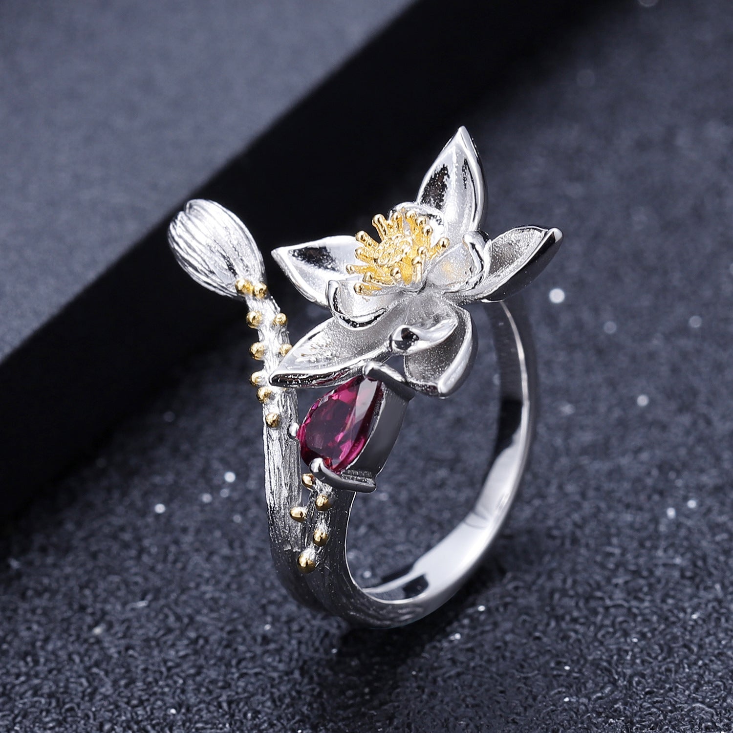 Floral Design with Natural Gem S925 Silver Ring for Women