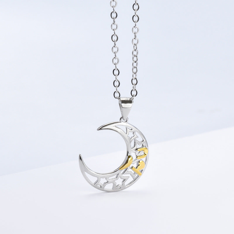 Hollow Moon and Hollow Circle with Zircon and Star Silver Couple Necklace for Women