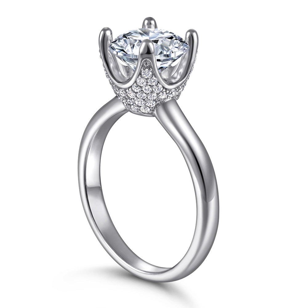 Round Zircon Four Prongs with Zircon Solitaire Silver Ring