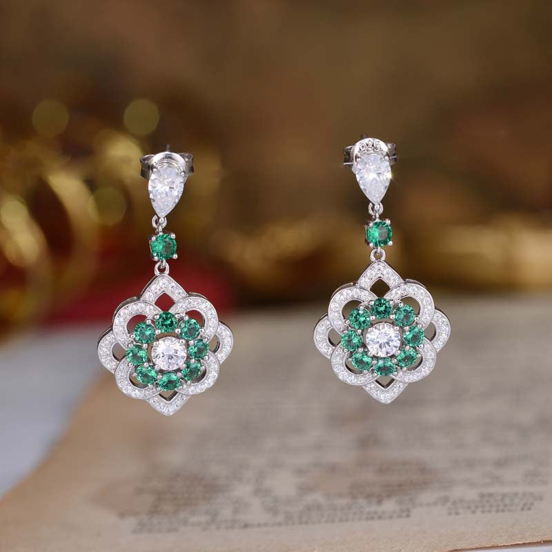 Lab-Created Emerald Flower Silver Drop Earrings for Women