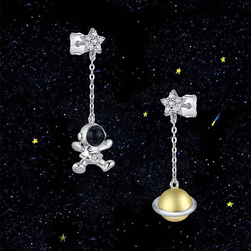 Astronaut and planet with zircon Stars asymmetric silver drop earrings for women