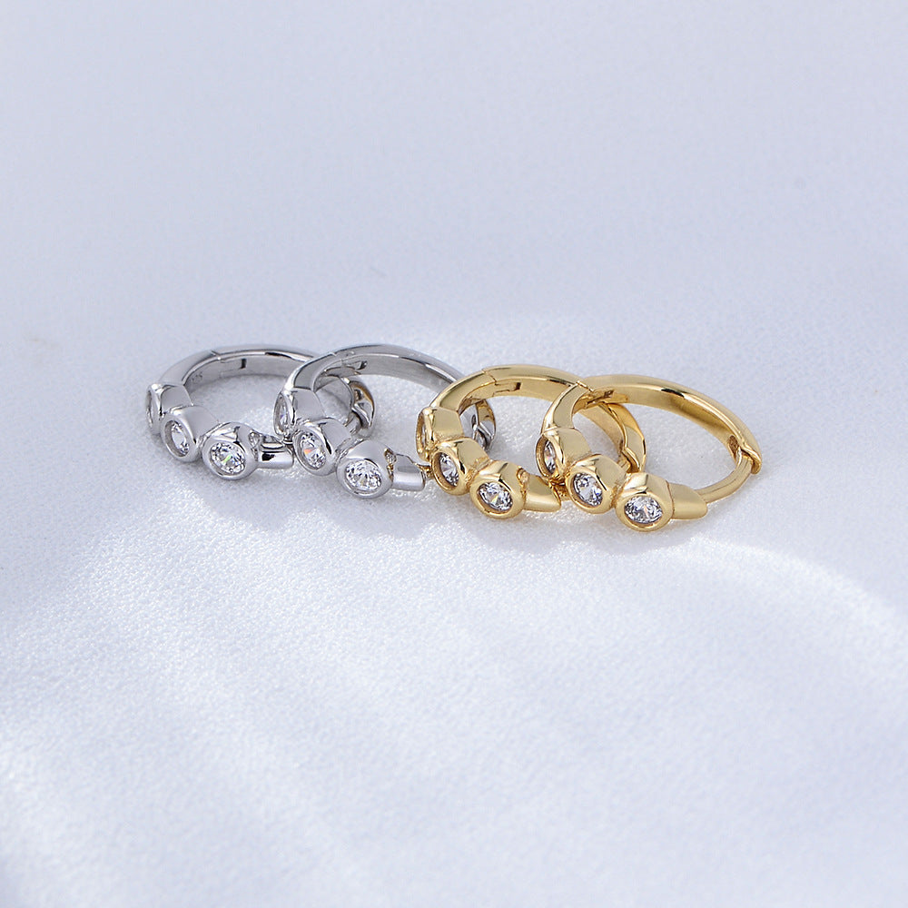 Three Zircon Silver Hoop Earrings for Women