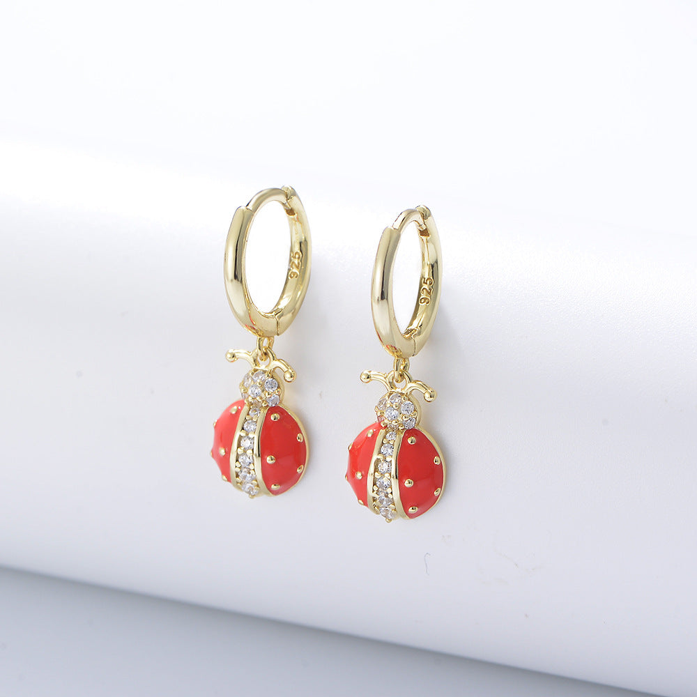 Ladybug with Zircon Silver Drop Earrings for Women