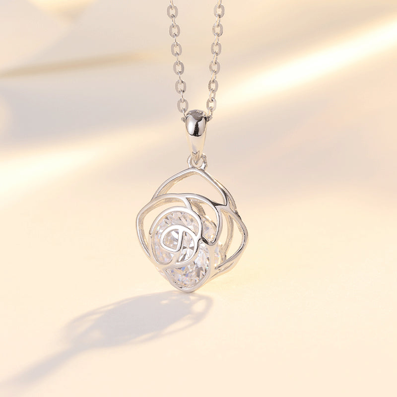 Hollow Rose with Round Zircon Pendant Silver Necklace for Women