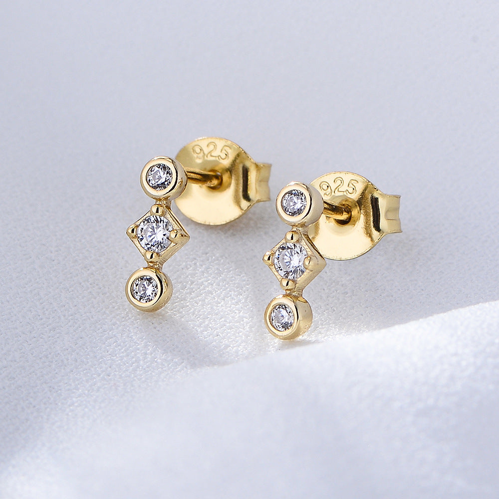 Geometric Beading Mini Zircon Silver Studs Earrings for Women