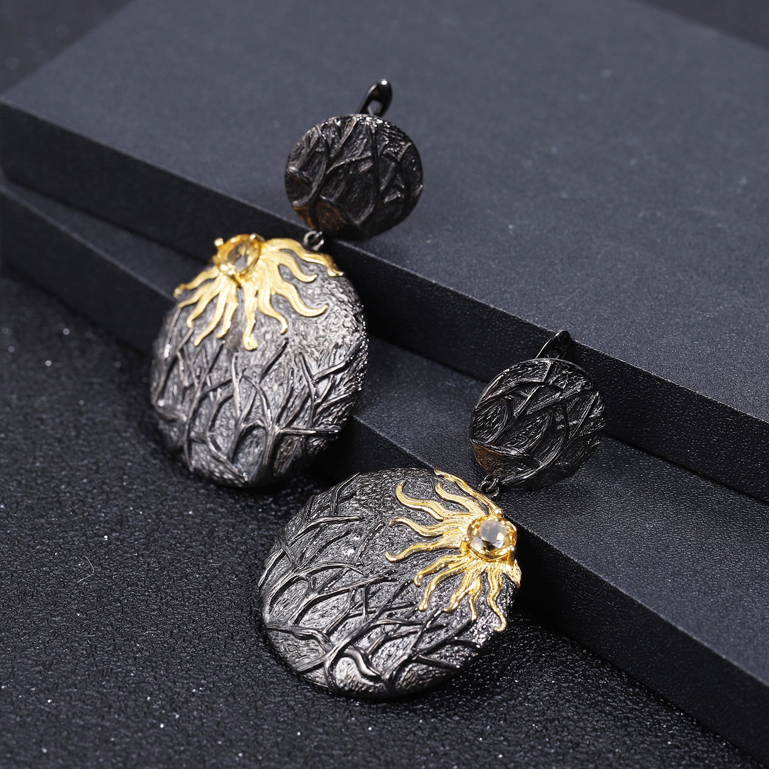 Dark Retro s925 Silver Natural Yellow Crystal Earrings for women