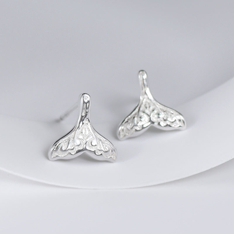 Fishtail with Pattern Silver Stud Earrings for Women