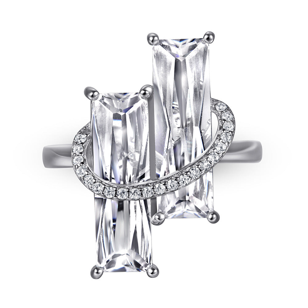 Double Baguette Cut Zircon Silver Ring for Women