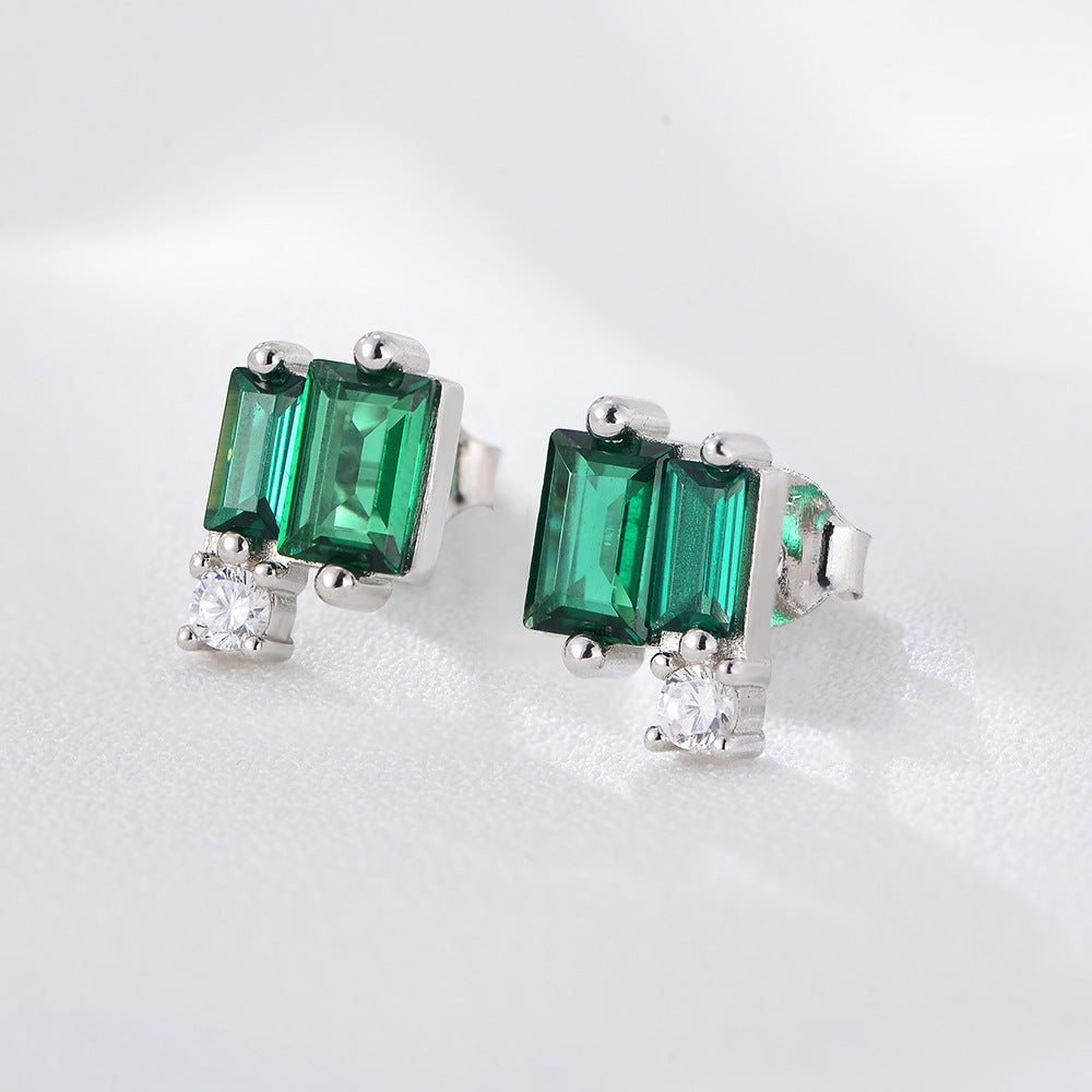 Geometric Emerald Shape Zircon Silver Studs Earrings for Women