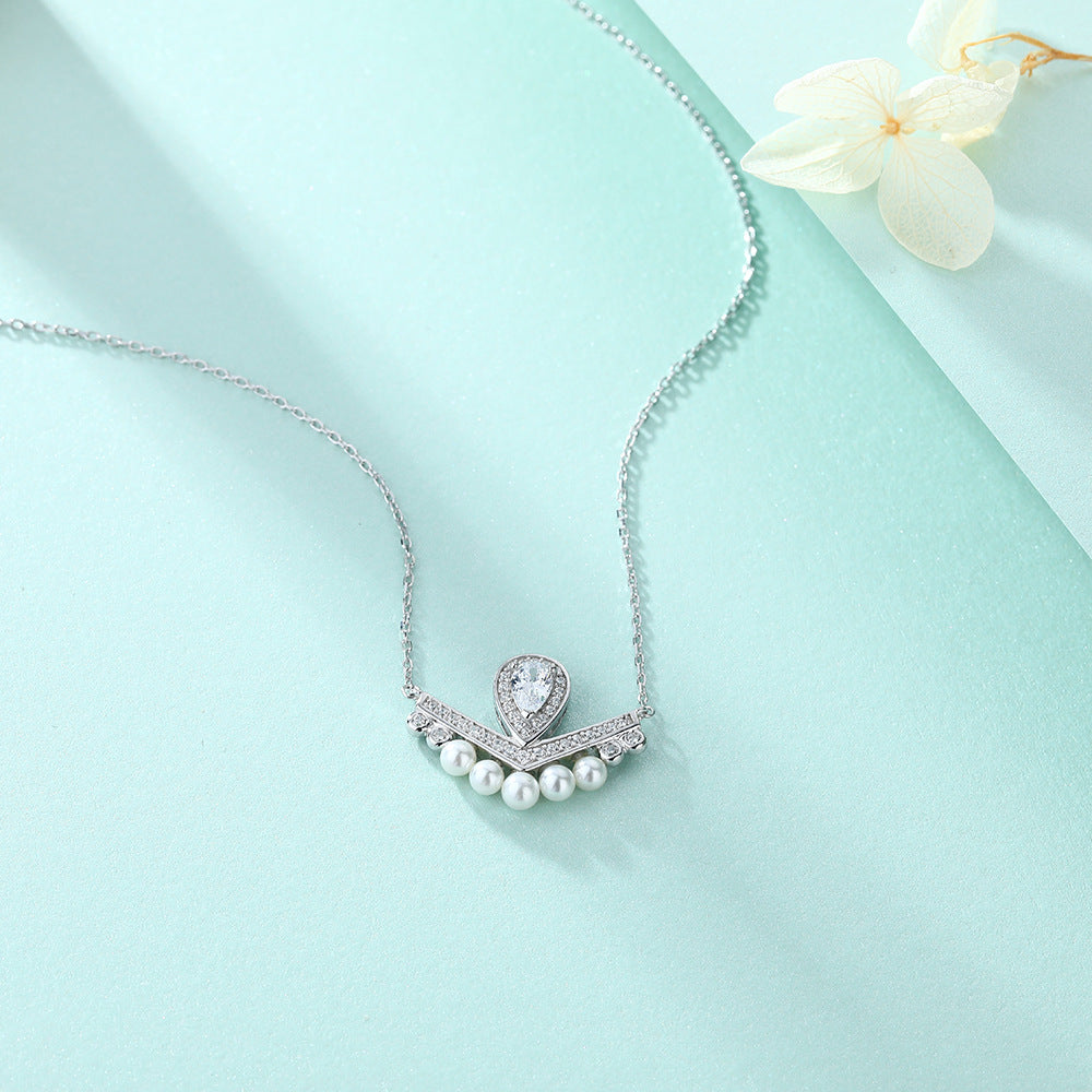 V-shaped Pear Drop Zircon with Pearl Pendant Silver Necklace for Women