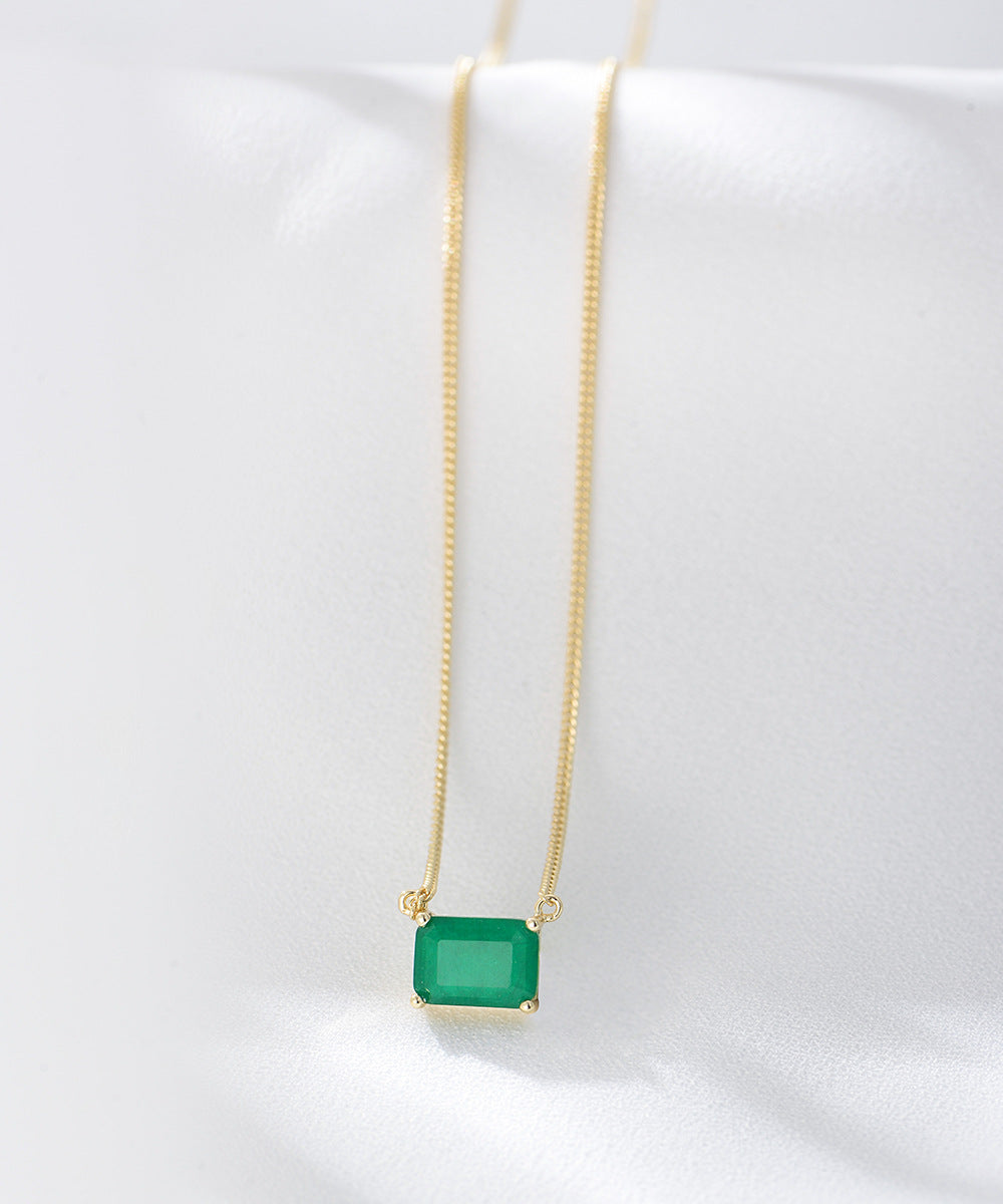 Single Emerald Colour Rectangle Zircon Pendant Silver Necklace for Women