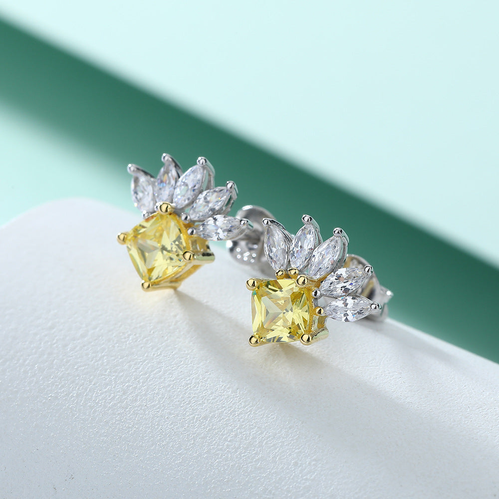 Marquise Shape with Square Yellow Zircon Silver Studs Earrings for Women