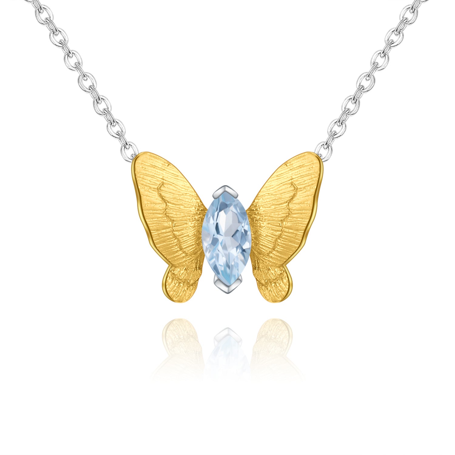 Gold Colour Simple Design Natural Gemstone Butterfly Pendant Silver Necklace for Women