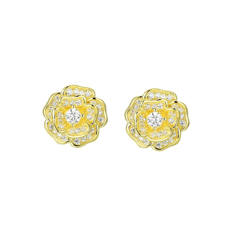 Zircon Camellia Silver Studs Earrings for Women