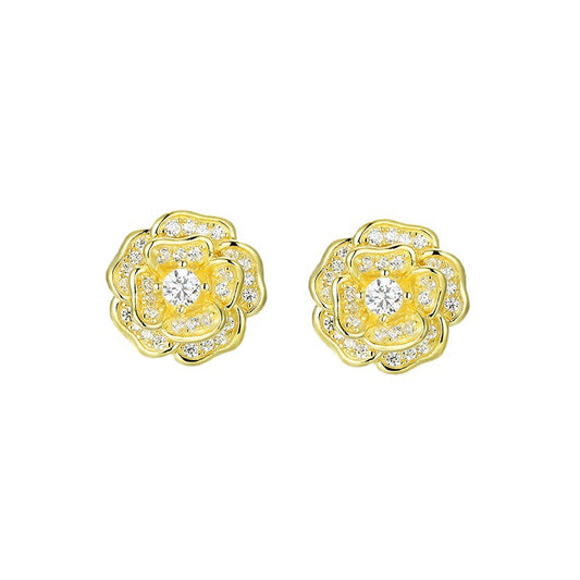 Zircon Camellia Silver Studs Earrings for Women