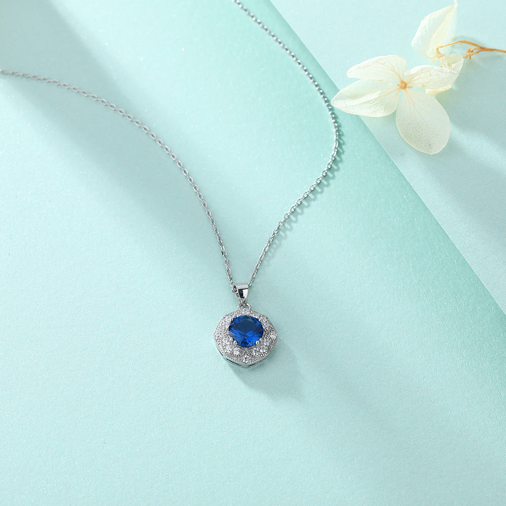 Blue Zircon Soleste Halo Pendant Silver Necklace for Women