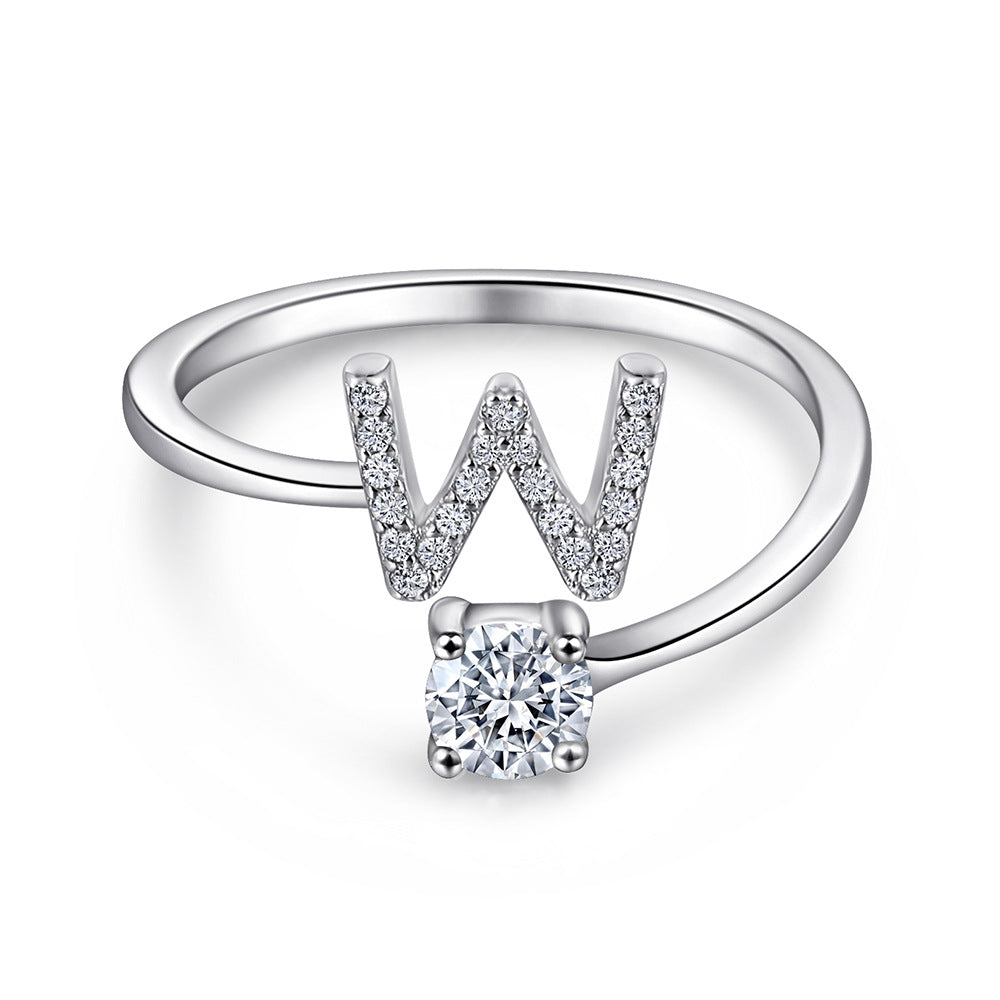 26 Letters with Round Zircon Silver Ring for Women