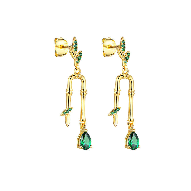 Green Zircon Bamboo Leaf Silver Drop Earrings for Women