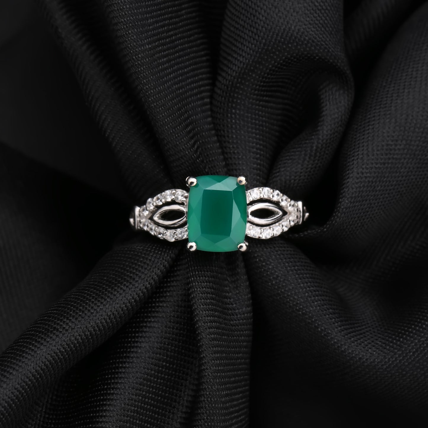 European Fashion Design Natural Green Agate Square Sterling Ring for Women