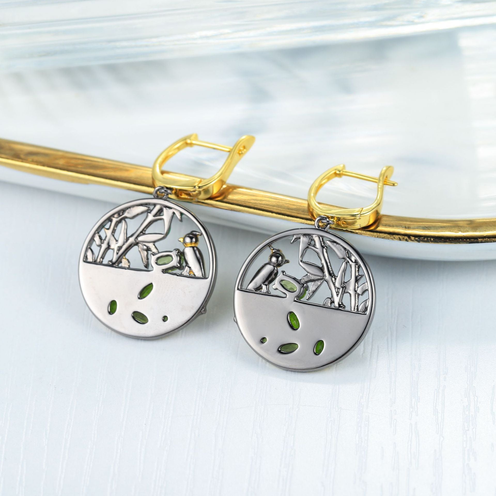 Natural Green Crystal Bird Bamboo Circle Sterling Silver Studs Earrings for Women