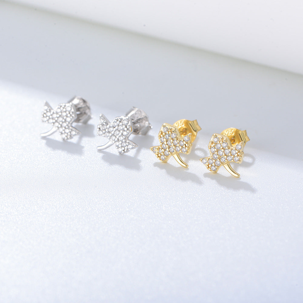 Zircon Maple Leaf Silver Studs Earrings for Women