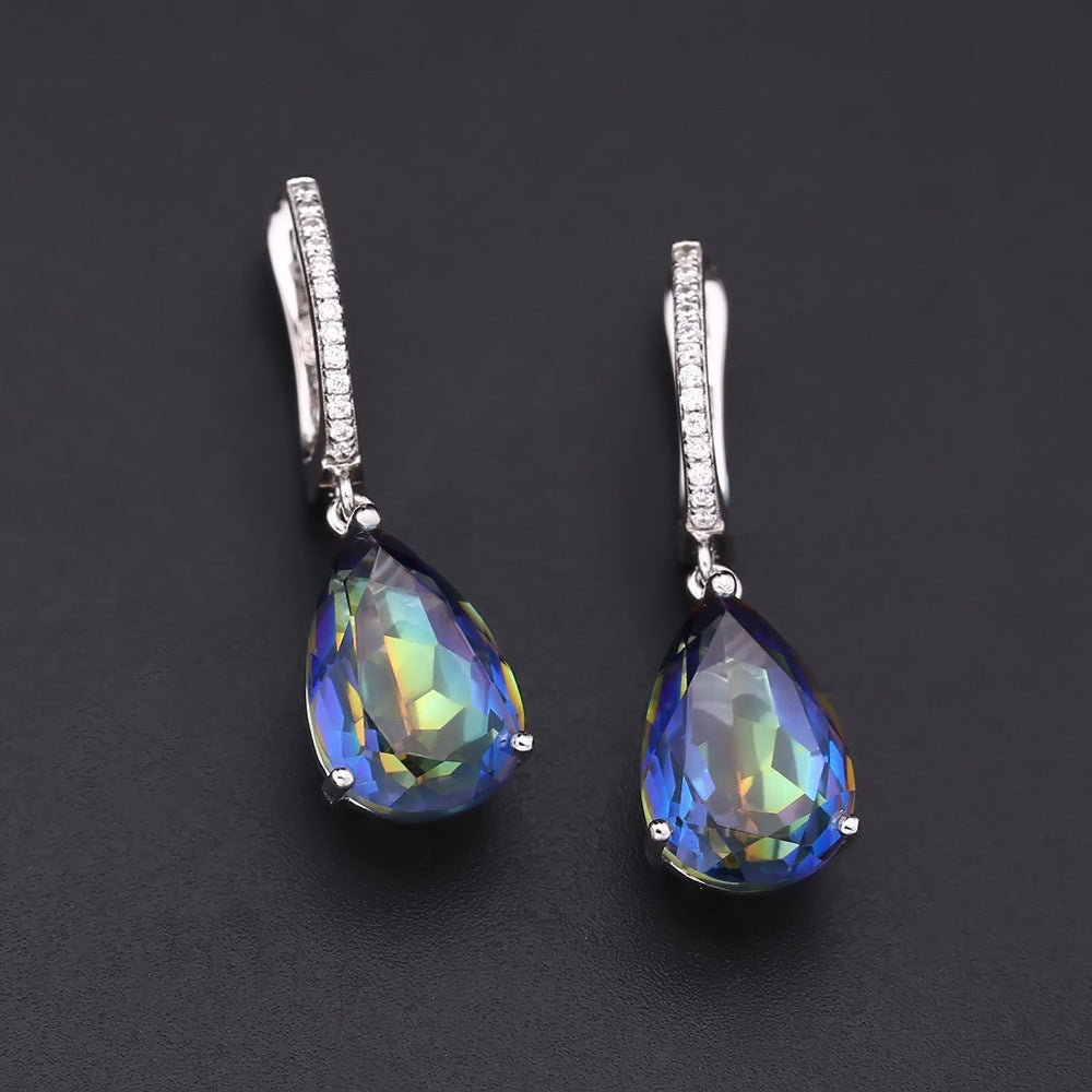 European Crystal Water Droplet Silver Drop Earrings for Women