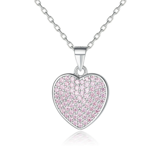 Full Pink Zircon Heart Pendant Silver Necklace for Women