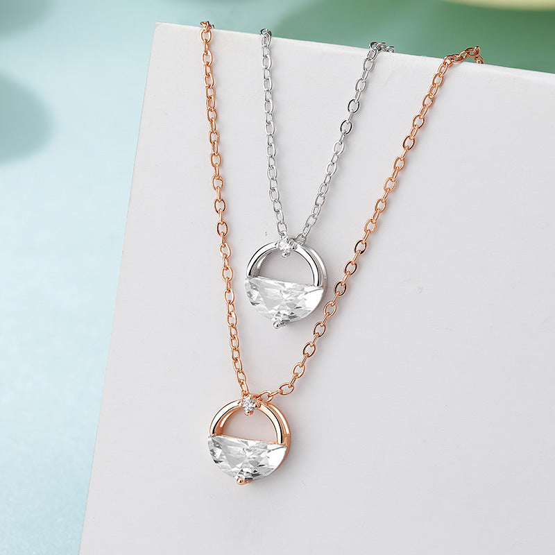 Semicircle Zircon Circle Pendant Silver Necklace for Women