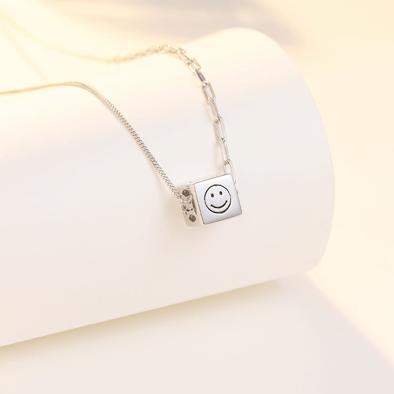 Smiley Face Cube Pendant Silver Necklace for Women