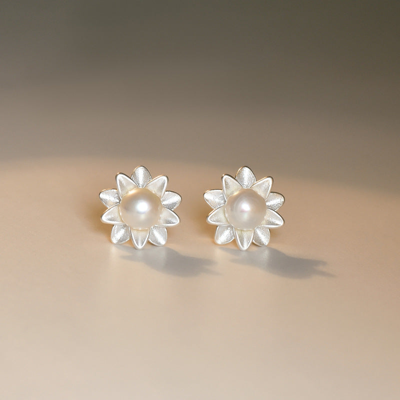 Frosting Flower with Freshwater Pearl Silver Stud Earrings for Women