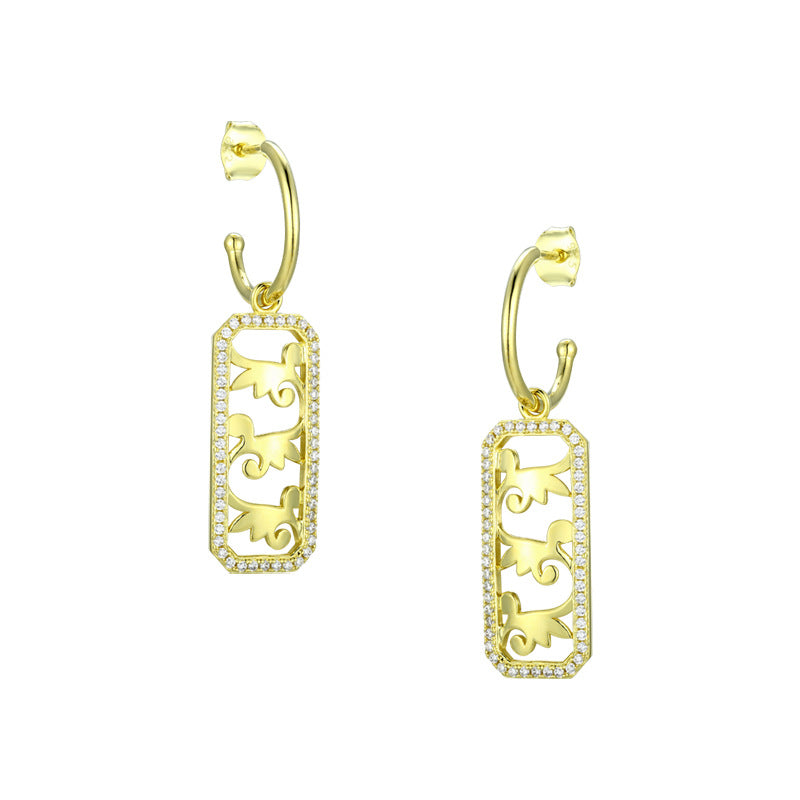 Honeysuckle Pattern with Zircon Hollow Rectangle Silver Drop Earrings for Women