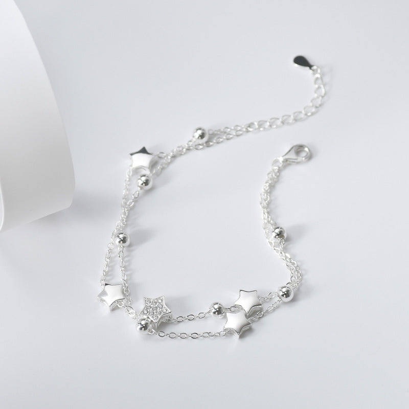 Double-chain Beading Star and Round Beads Silver Bracelet for Women