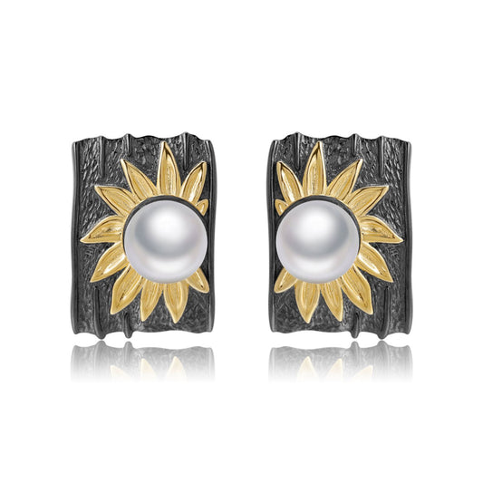 Natural Freshwater Pearl Rectangle with Sunflower Silver Studs for Women