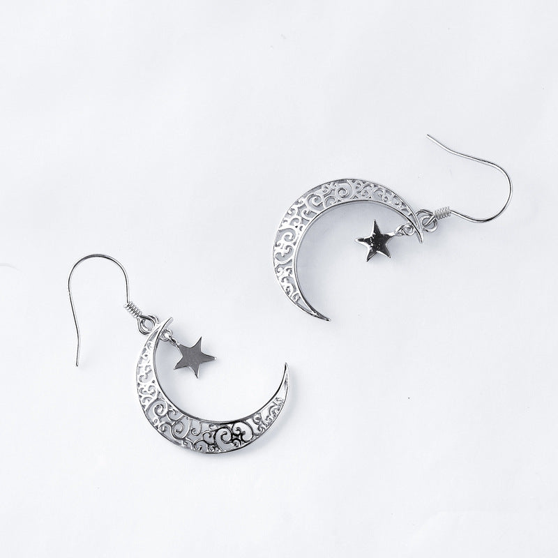 Totem Pattern Moon with Star Pendant Silver Hook Earrings for Women