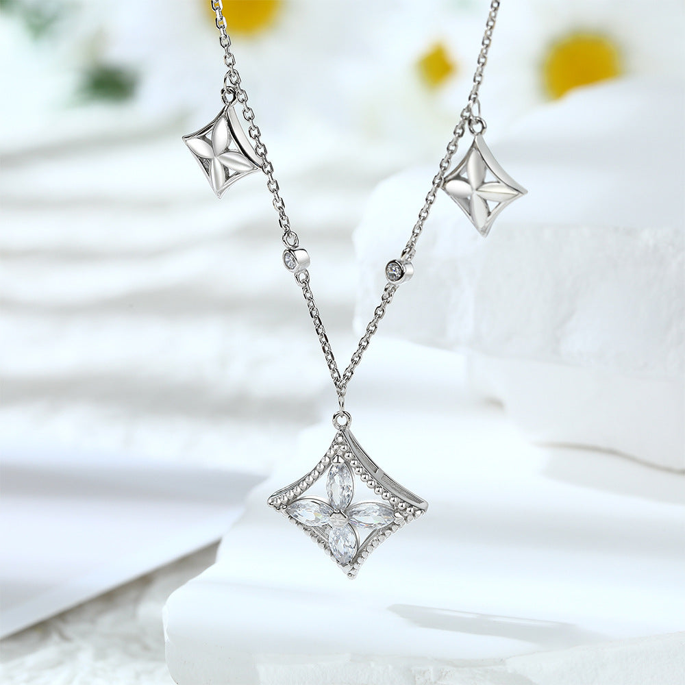 Marquise Zircon Flower Rhombus Pendant Silver Necklace for Women