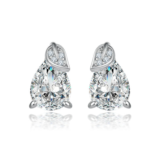 Pear Drop Zircon with Leaf Silver Studs Earrings for Women