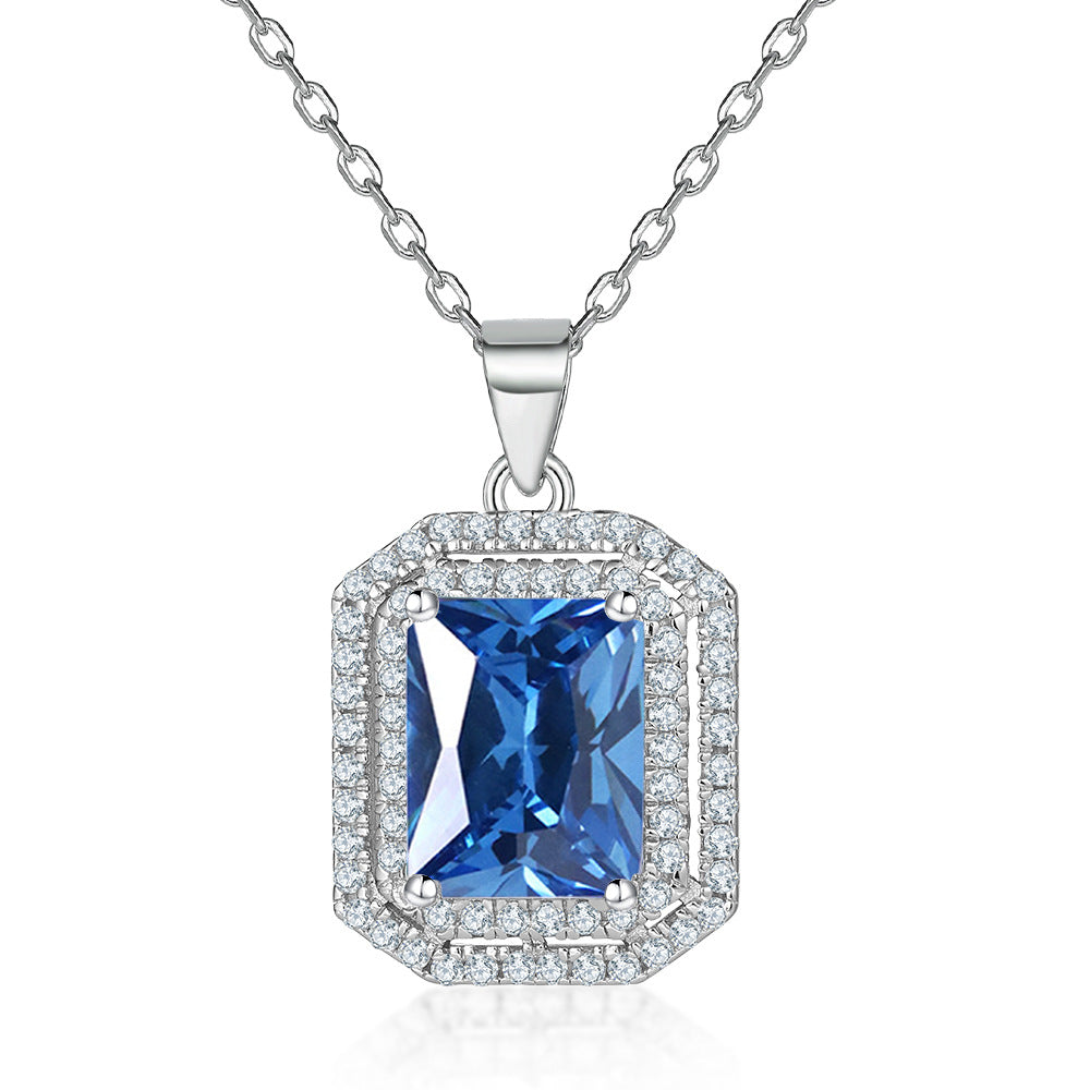 Rectangular Zircon Soleste Halo Pendant Silver Necklace for Women