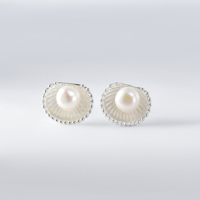 Freshwater Pearl Scallop Silver Stud Earrings for Women