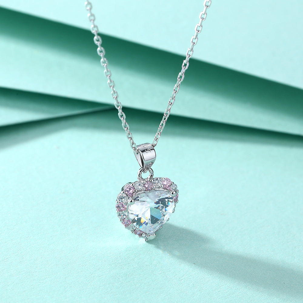 Heart with Pink Zircon Pendant Silver Necklace for Women