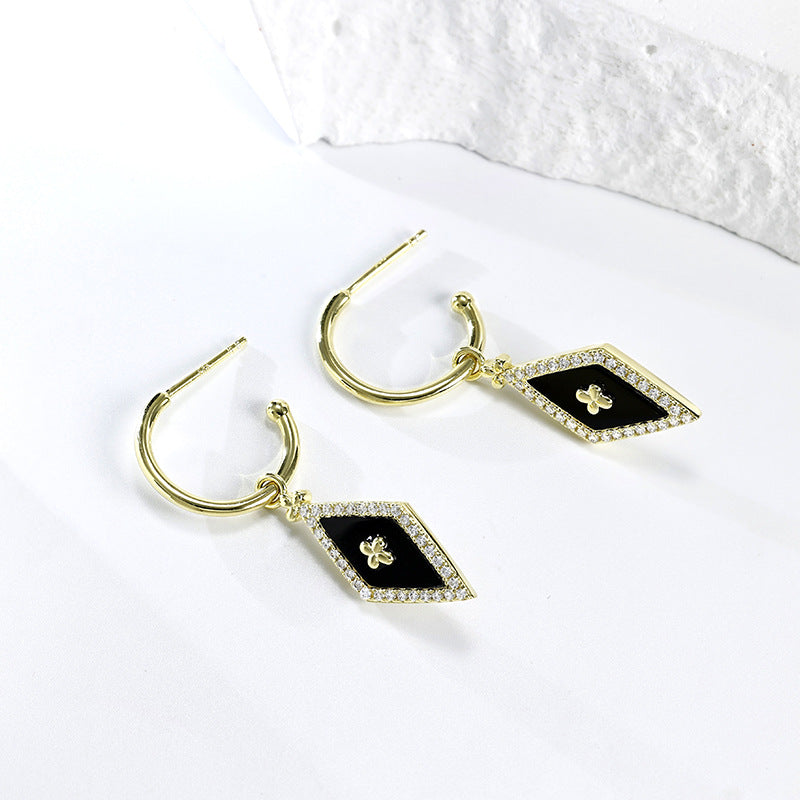 Black Agate Rhombus with Zircon Silver Drop Earrings for Women