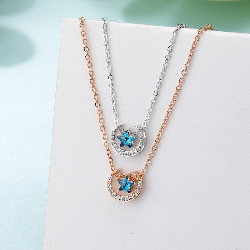 Blue Zircon Star with Moon Silver Necklace for Women