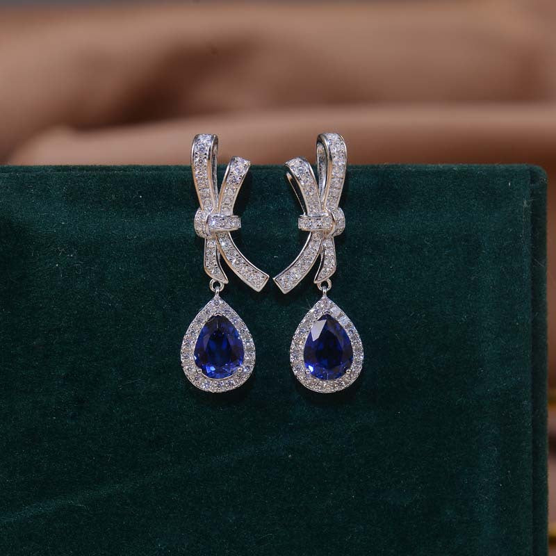 Lab Created Royal Sapphire 6*8mm - Platinum Plated - Drop Silver Earring for Women