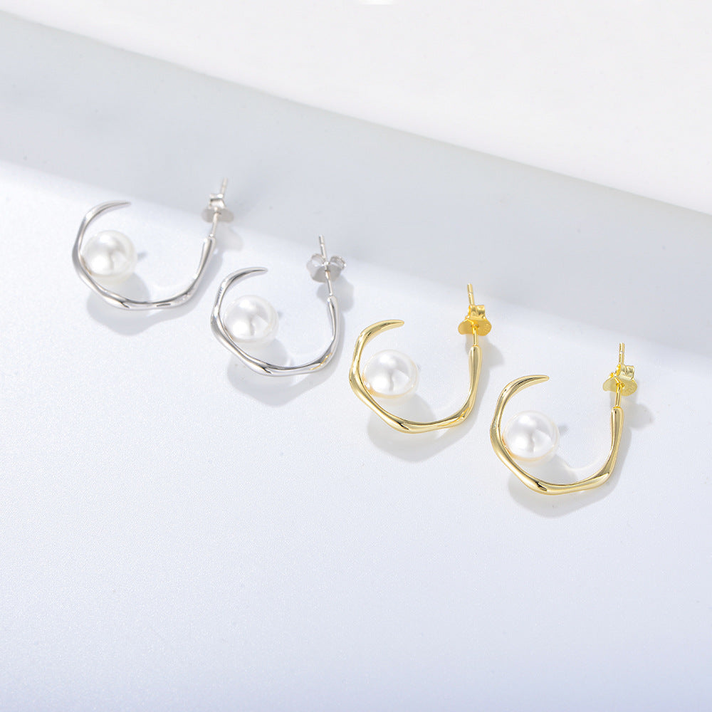 Single Pearl Geometric C-shaped Silver Studs Earrings for Women