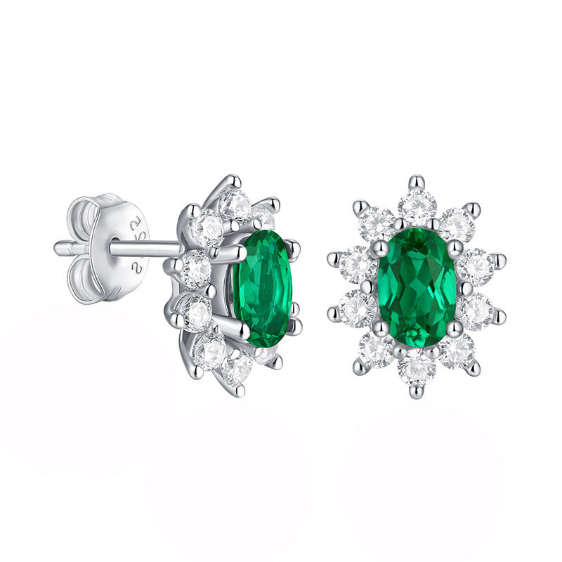 (1.0CT) Lab-Created Emerald 4*6mm Oval Ice Cut Annular Petals Silver Studs Earrings for Women