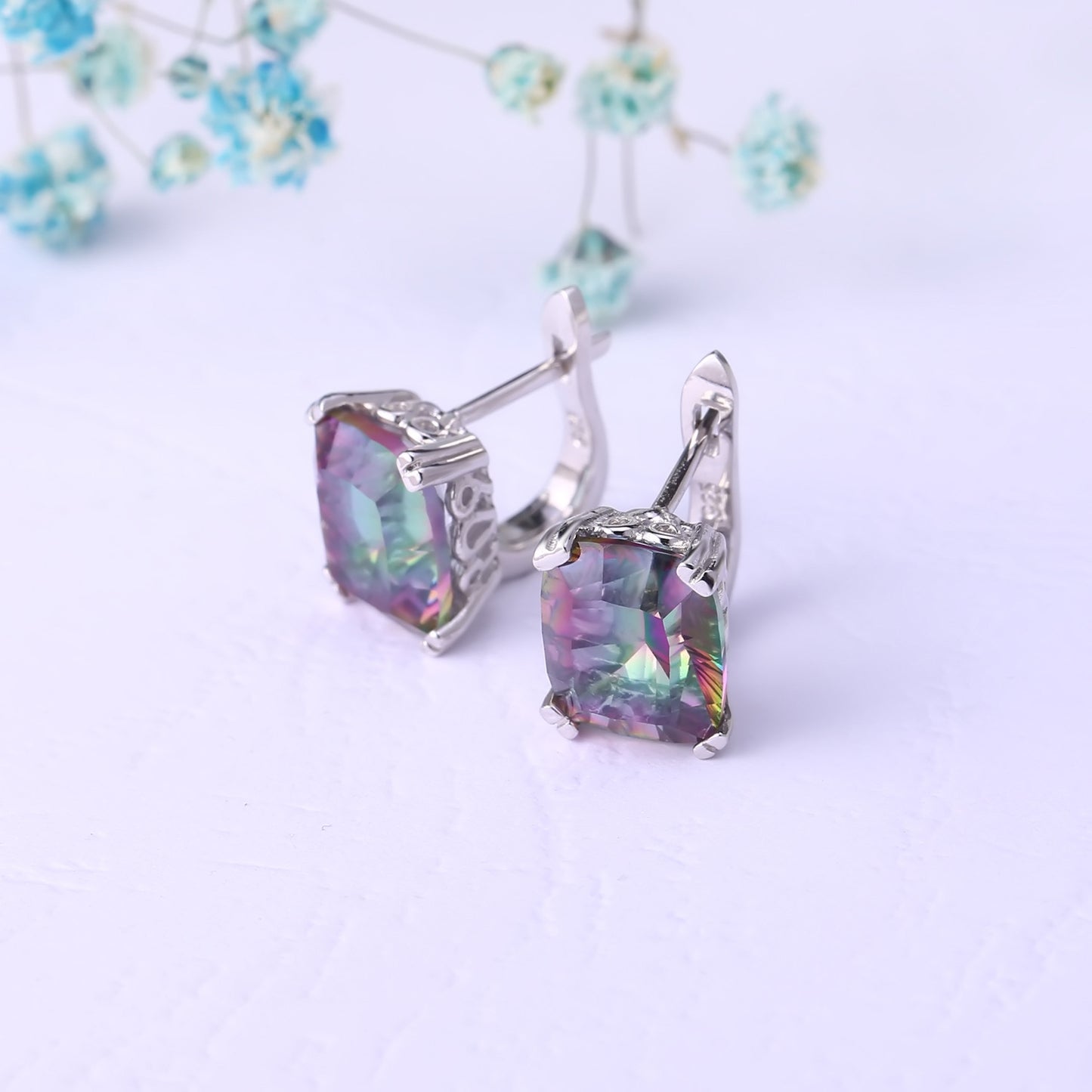 Colourful Crystal Square Sterling Silver Studs Earrings for Women