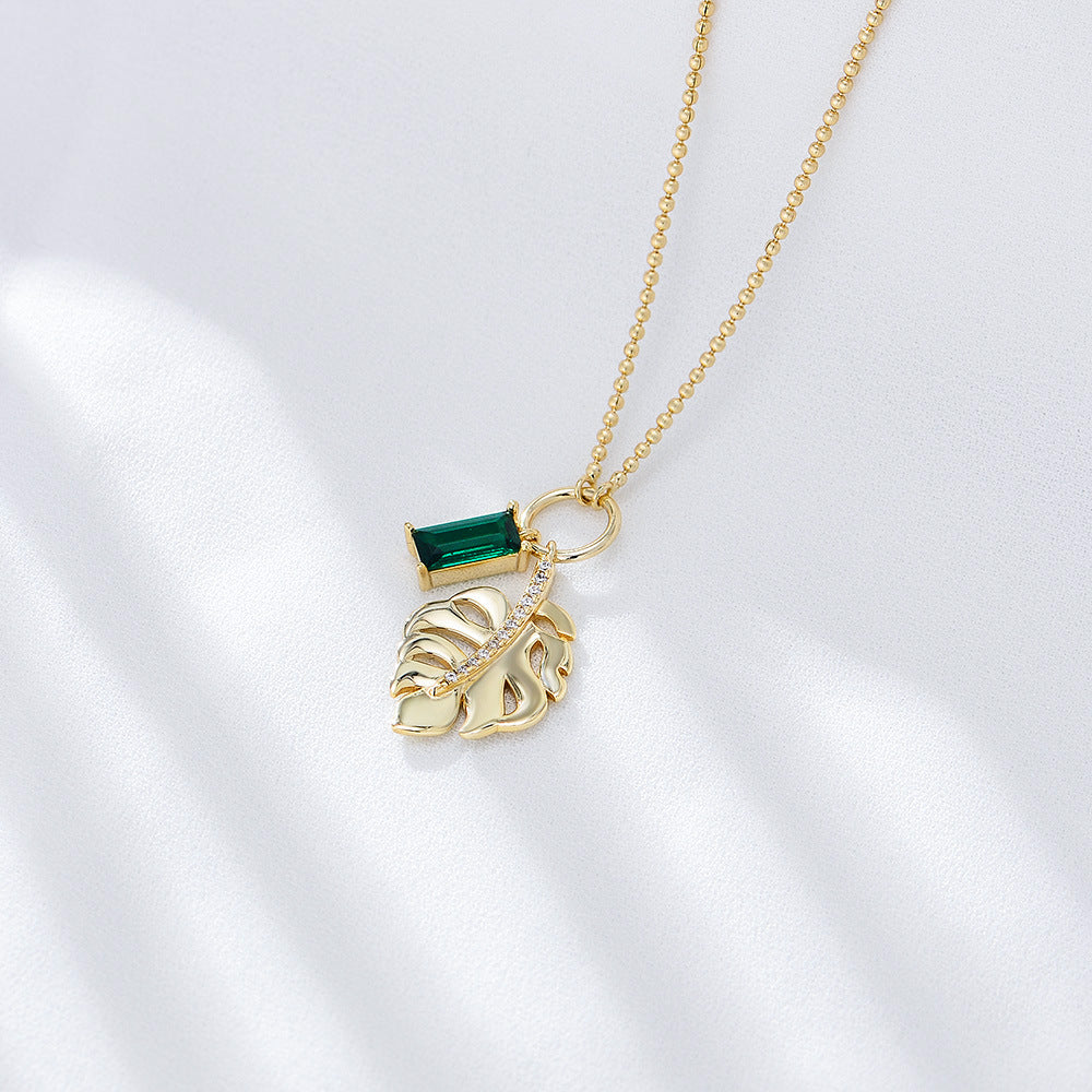 Leaf with Emerald Zircon Pendant Sterling Silver Necklace for Women